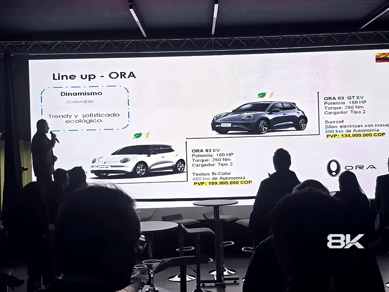 Presentación de producto proyectada en pantalla LED ante el público