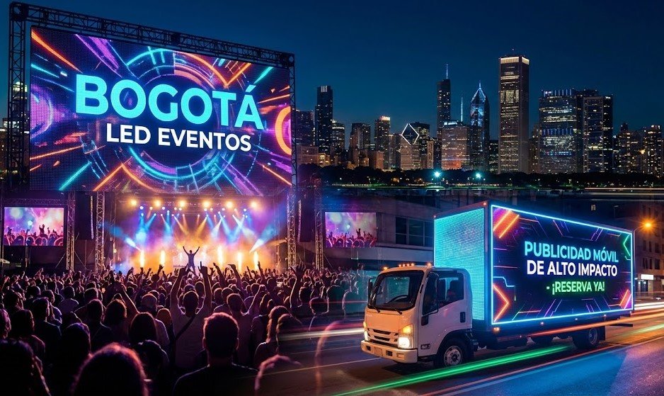 Camión publicitario con pantalla LED gigante encendida durante un evento nocturno en Bogotá, mostrando cómo el servicio de alquiler de pantallas LED gigantes para eventos en Bogotá puede transformar la visibilidad de una marca en espacios urbanos y promocionales.